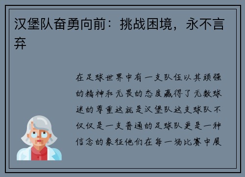 汉堡队奋勇向前：挑战困境，永不言弃