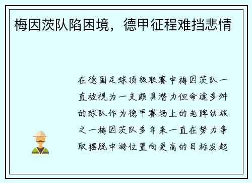 梅因茨队陷困境，德甲征程难挡悲情