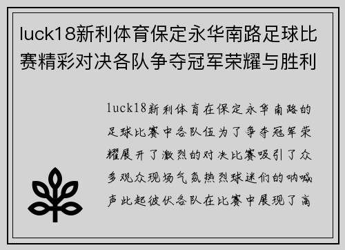 luck18新利体育保定永华南路足球比赛精彩对决各队争夺冠军荣耀与胜利