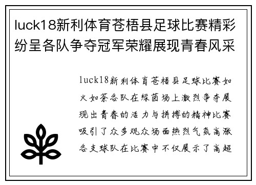 luck18新利体育苍梧县足球比赛精彩纷呈各队争夺冠军荣耀展现青春风采